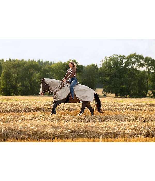 Fliegen-Ausreitdecke mit einrollbarem Halsteil